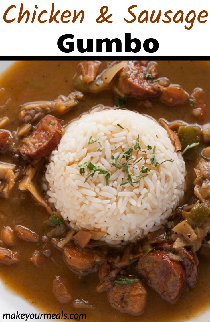 chicken and sausage gumbo with rice in a white bowl