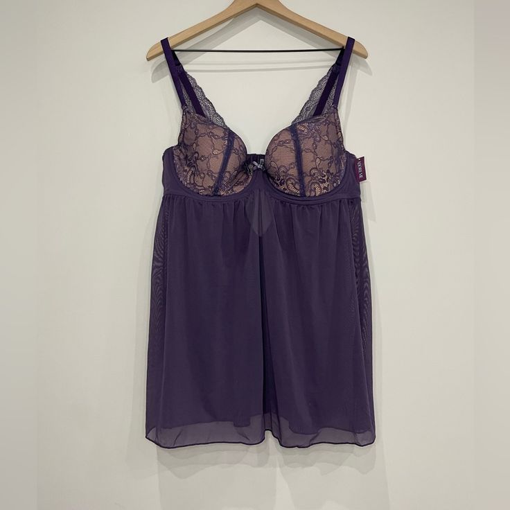 Purple Lace Sheer Babydoll Lingerie, Size 44dd. Nwt. C11 Night Sleepwear With Lace Trim And Underwire, Purple Camisole For Daywear, Lace Underwire Sleepwear For Loungewear, Lace Bodice Camisole For Loungewear, Underwire Sleepwear With Built-in Bra For Bedtime, Lace Sleepwear With Built-in Underwire Bra, Underwire Sleepwear With Built-in Bra, Lacy Bra, Green Bras