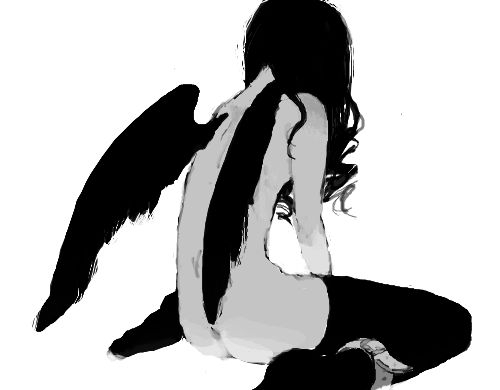 a black and white drawing of a woman sitting on the ground