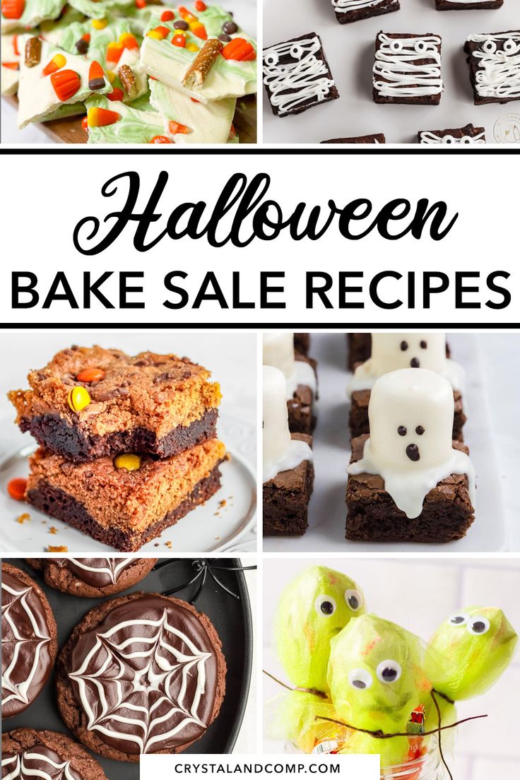 halloween bake sale recipe collage with pumpkins, ghost cookies and other treats