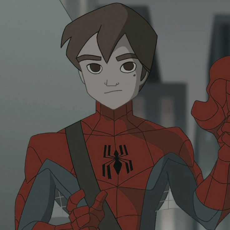 the animated spider man is holding his hands up