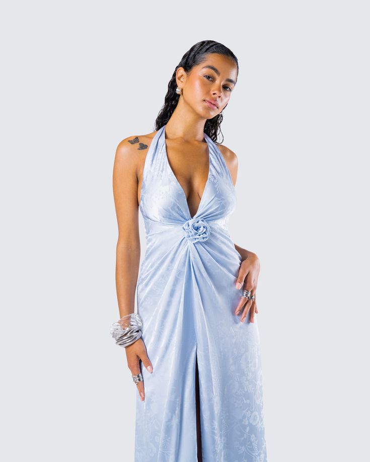 The perfect look for a little midnight magic 🪄 Constructed from floral jacquard fabric, this baby blue rosette maxi dress is complete with a halter tie and a deep v-neck for a classy and pristine look 💙 Black Off Shoulder, Graphic Top, White Jersey, Jacquard Fabric, Pocket Pants, White Mini Dress, Baby Blue, Best Sellers, Off Shoulder