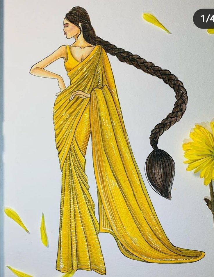 a drawing of a woman in a yellow sari with long braids on her head