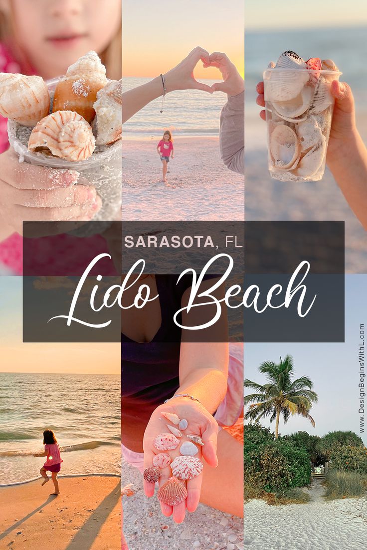 a collage of photos with the words lido beach written in white and pink