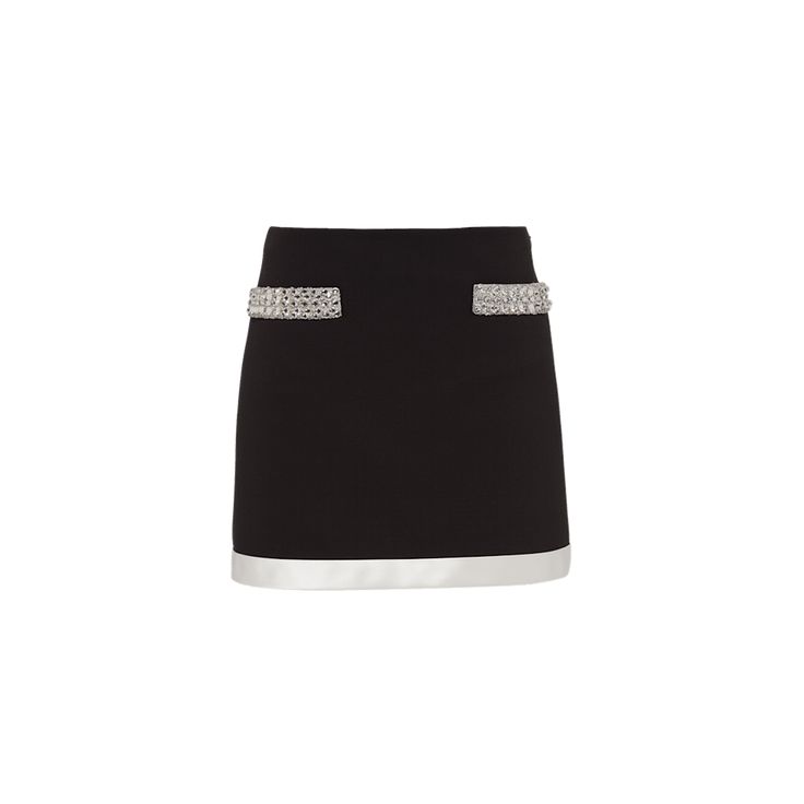 Miu Miu grain de poudre skirt with glass embellishment High waist A-line silhouette Mini length Side zip Virgin wool/elastane Dry clean Made in Italy Wool Mini Skirt, Bergdorf Goodman, Miu Miu, Side Zip, Mini Skirt, Grain, Tops Designs, High Waist, A Line