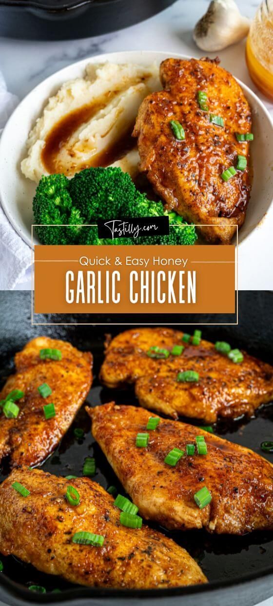 grilled chicken and broccoli in a skillet with text overlay that reads quick & easy honey garlic chicken