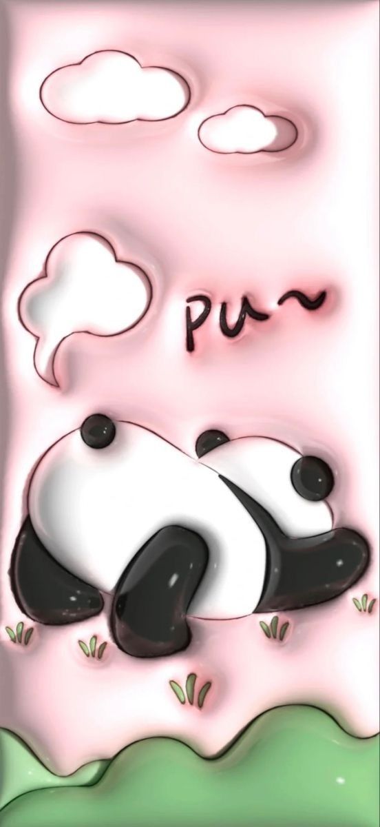 a panda bear sleeping on top of a lush green field next to the words pum