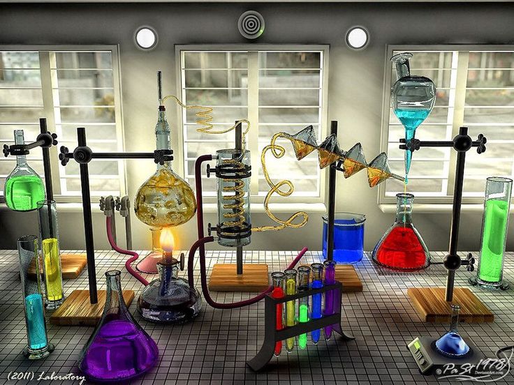 a room filled with lots of different colored flasks and beakets in front of windows