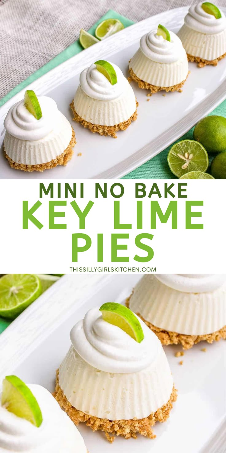 mini key lime pies on a white plate with limes around them and text overlay