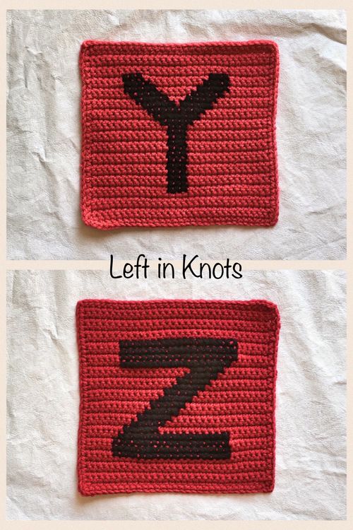 two crocheted coasters with the letters y and z in black on them