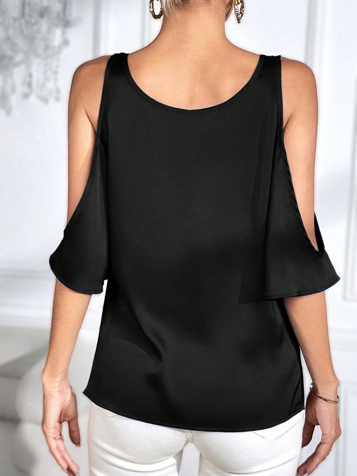 Introducing our Draped Satin Black Cut Out Sleeve Top, the perfect blend of style and comfort. Made from high-quality satin fabric, this top features unique cut-out sleeves for a touch of drama. The draped design adds a chic touch, making this top a must-have for your wardrobe. Elevate any outfit with this stylish and versatile top. 100% Polyester. Brand Size Dress Bust Waist Hip XS 0-2 31-32.5'' 23-24'' 31-34" S 4--6 33-35'' 25-26'' 35-37" M 8--10 35-36'' 27-28'' 38-39" L 12--14 38-40'' 29-31'' 40-42" XL 14-16 40-42'' 33.5-36'' 44-46" 2XL 18-20 42-44'' 37-40'' 47-50" 3XL 22-24 44-46'' 41-46'' 51-55" 4XL 26-28 46-48'' 47-50'' 56-60" Black Satin Sleeveless Top, Off-shoulder Blouse For Evening, Off-shoulder Blouse For Night Out, Elegant Off-shoulder Solid Color Blouse, Stretch Viscose Tops For Night Out, Viscose Tops For A Spring Night Out, Black Sleeveless Viscose Top, Black Satin V-neck Blouse, Black Satin Tops For Party