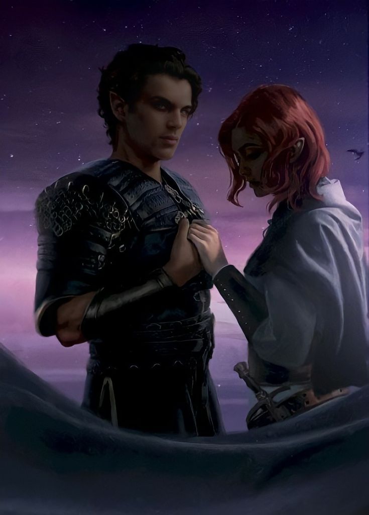 a man and woman standing next to each other in front of a purple sky with stars