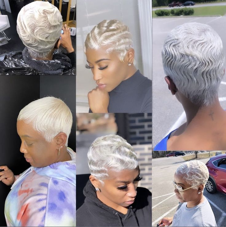 Platinum Pixie Cut Black Women, Black Women Finger Waves, Short Finger Waves, Hair Couleur, Statement Hairstyles, Blonde Pixie Haircut Black Women, Natural Hair Pixie Cut, Short Haircuts Black Hair, Platinum Pixie Cut