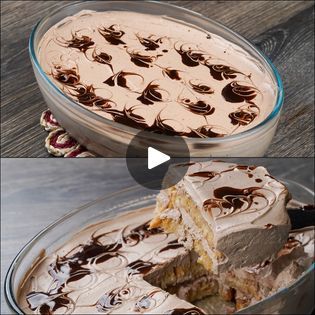 two pictures of a cake with chocolate frosting