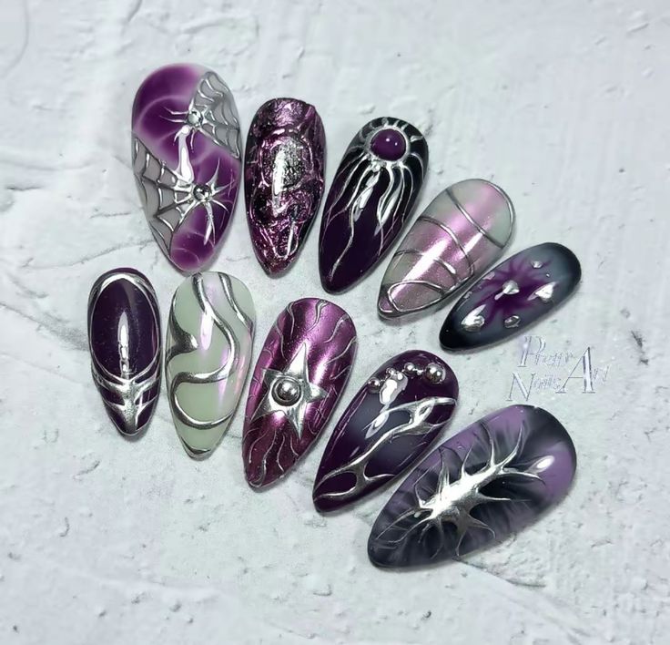 Black Fairy Nails, Dark Fairy Nails, Aesthetic Purple Nails, Purple Gel Nails Ideas, Purple Goth Nails, Cyberpunk Nails, Gel X Nails, X Nails, Hippie Nails