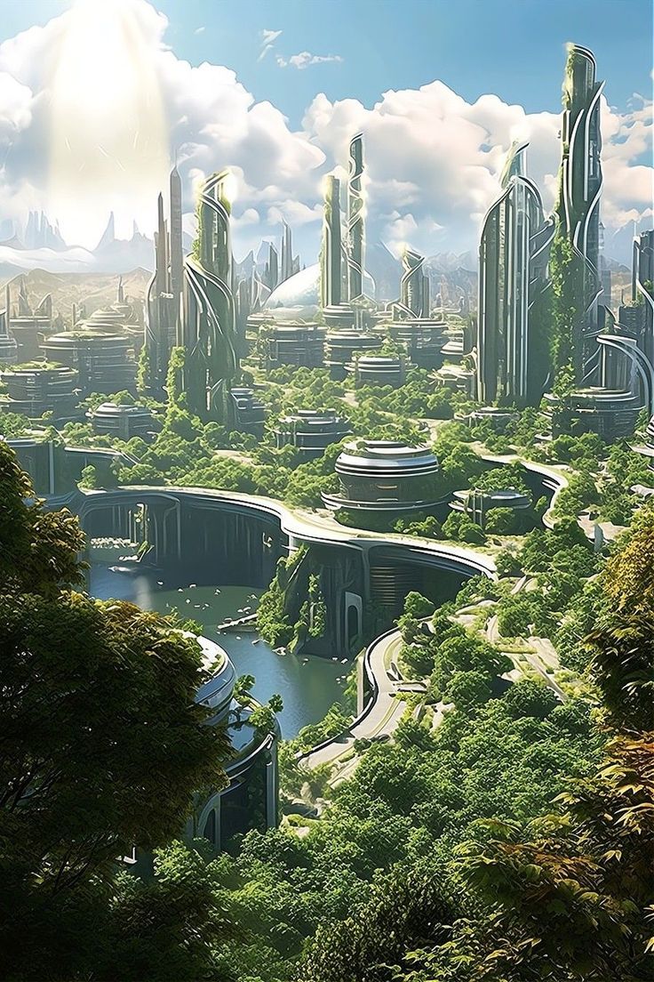 a futuristic city surrounded by lush green trees