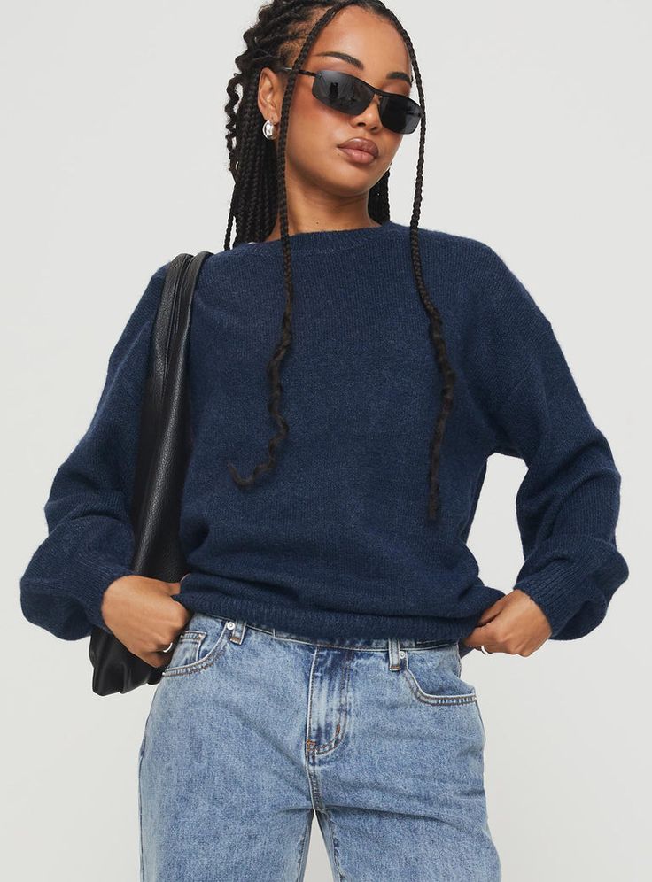 Ryanna Sweater Navy Rib Knit Top, Off Shoulder Top, Oversized Style, Boat Neckline, Good Stretches, Off Shoulder Tops, Split Hem, High Neckline, Princess Polly