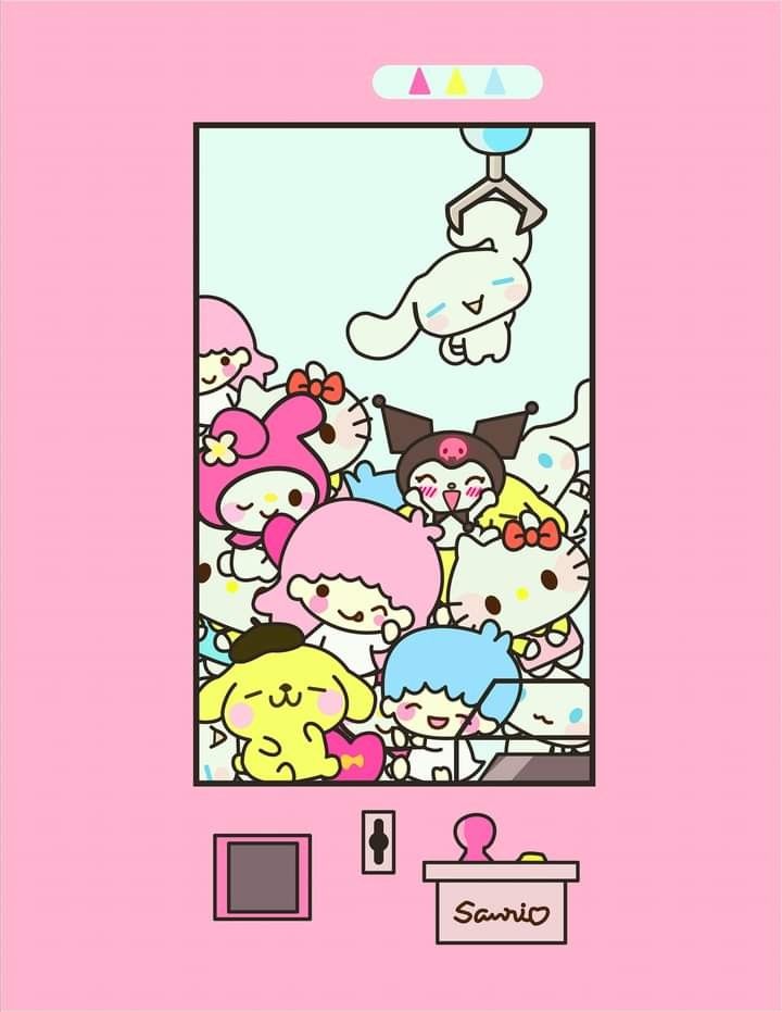 a pink phone with hello kitty on the screen and other cartoon characters around it, all in