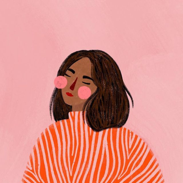 a drawing of a woman with her nose covered by pink noses and striped shirt, standing in front of a pink background