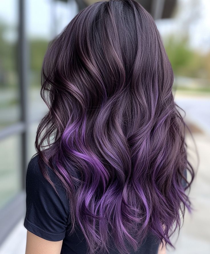 Smoky Violescent Highlights Dark Brown With Purple Hair, Brown Hair With Purple Ombre, Ash Brown With Purple Highlights, Purple Balayage Brown Hair, Brown Purple Ombre Hair, Plum Purple Balayage, Black And Purple Bayalage Hair, Lavender Brown Hair, Dark Purple Ombre Hair