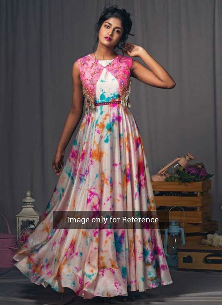 Multicolor Digital Printed Satin Coldshoulder Gown With Jacket Umbrella Dress Pattern, Umbrella Gown, Simple Frock, Pola Rok, Gown With Jacket, Umbrella Dress, Anarkali Dresses, Floral Frocks, Long Gown Design