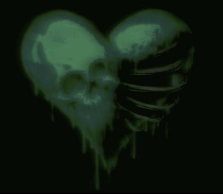 two skulls in the shape of a heart on a black background with green paint dripping from them