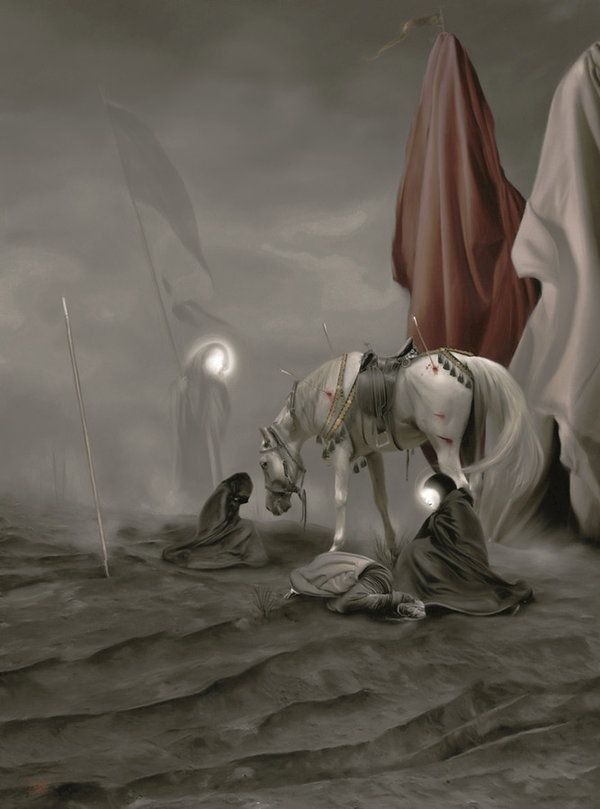 a horse standing on top of a desert covered in sand next to flags and cloths