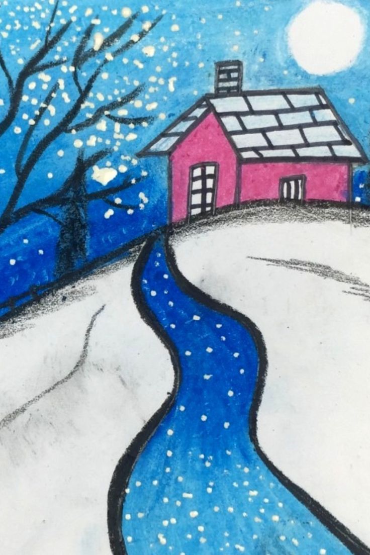 a drawing of a house on a snowy hill with a blue road going to it