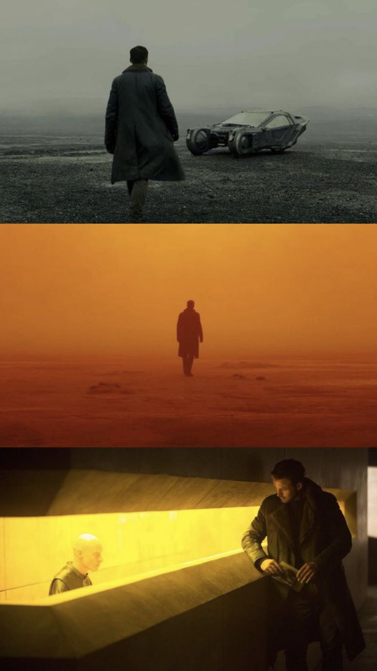 three different scenes with one man standing in the middle and another looking at something on the ground