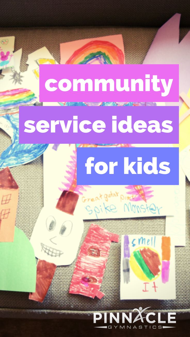 the words community service ideas for kids surrounded by paper cutouts