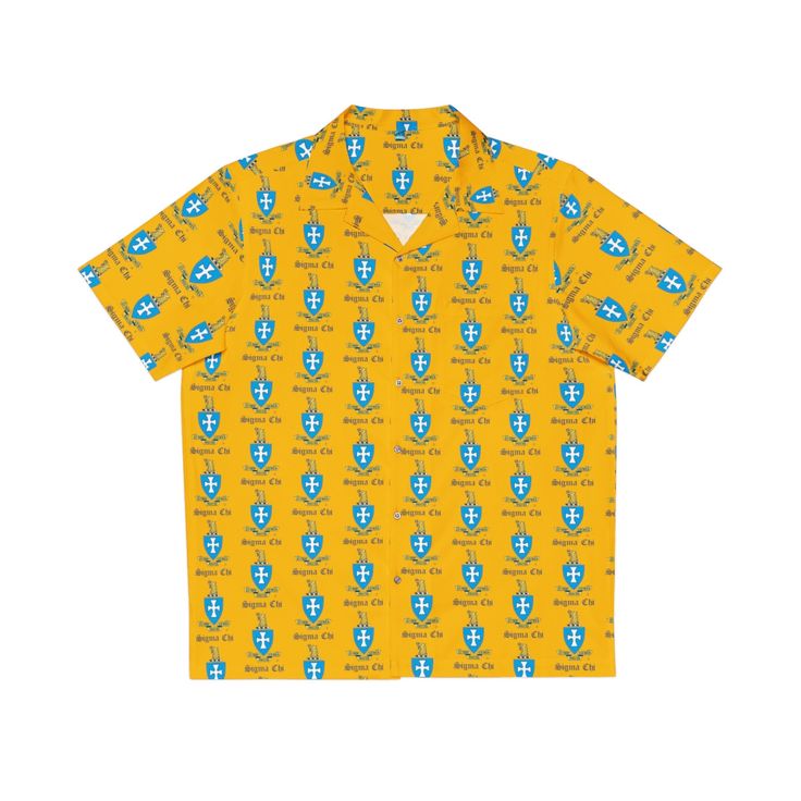 Nothing says "I love summer" like a Sigma Chi Hawaiian shirt, and now, you can make this iconic garment even better by adding your own art to it. Made to have a boxy fit and a notch lapel collar that are perfect for any laidback scenario, these shirts come with a handy chest pocket and a 95% polyester and 5% spandex fabric for silky comfort. Choose between black or white buttons & customize it to taste. .: Material: 95% polyester, 5% spandex .: Sewn-in label .: Medium fabric (7.23 oz/y Vacation Graphic Print Collared T-shirt, Summer Printed T-shirt With Camp Collar, Summer Polo Collar T-shirt With Graphic Print, Summer Collared Printed T-shirt, Collared Printed T-shirt For Summer, Printed Relaxed Fit T-shirt With Camp Collar, Retro V-neck Summer Shirt, Summer Polo Collar Top With Graphic Print, Graphic Print Polo Collar Top For Summer