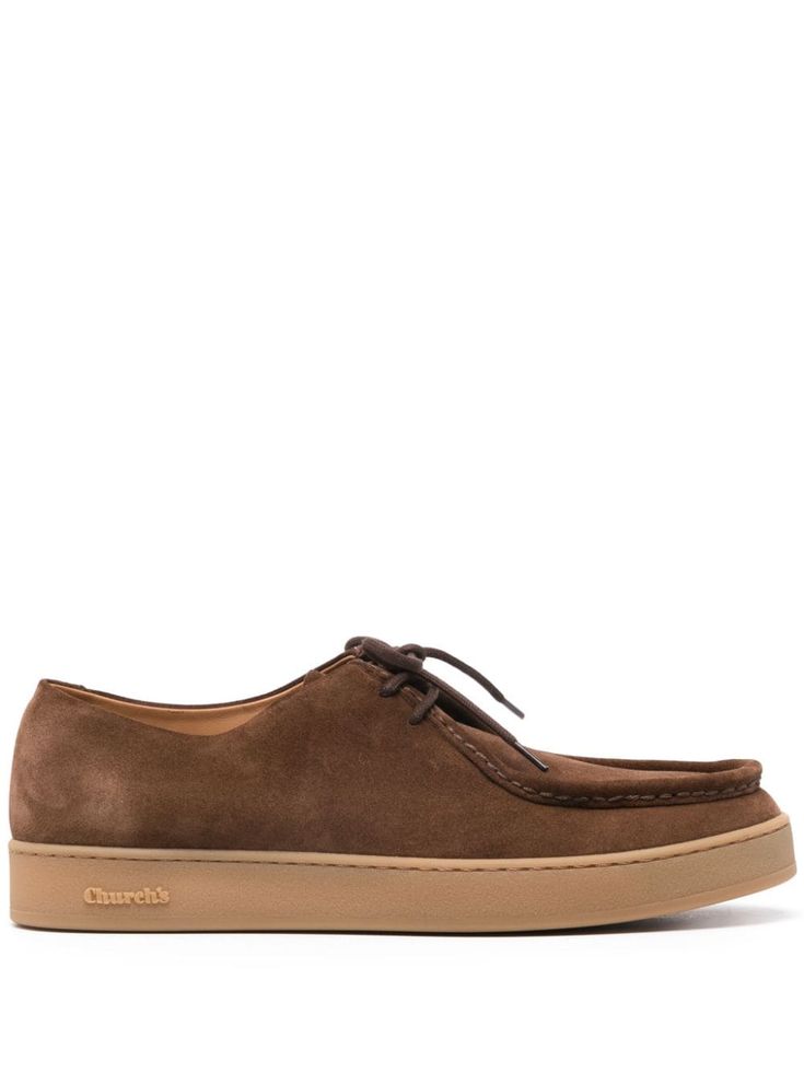 earth brown calf suede round toe front lace-up fastening leather lining branded leather insole chunky rubber sole This piece comes complete with a protective dust bag. Suede Lace-up Shoes With Rubber Sole And Round Toe, Classic Brown Suede Lace-up Shoes, Brown Calf Leather Lace-up Shoes With Textured Sole, Classic Brown Lace-up Moccasins, Suede Lace-up Shoes With Vibram Sole, Leather Lace-up Oxfords With Vibram Sole, Brown Moc Toe Sneakers With Rubber Sole, Suede Moccasins With Vibram Sole And Round Toe, Suede Low-top Moccasins With Contrast Sole