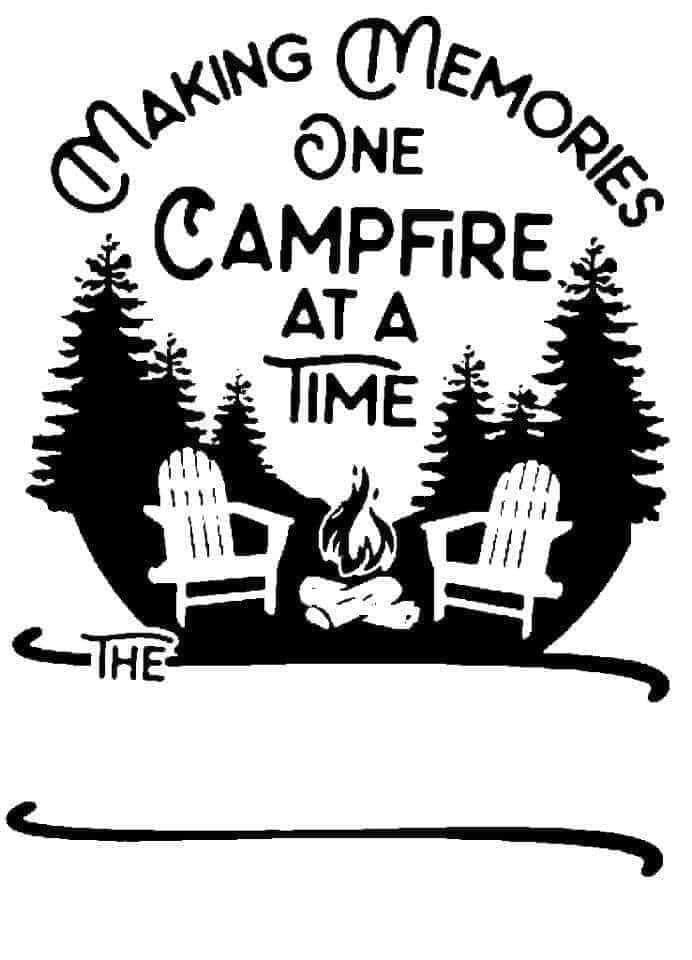 the campfire with two chairs in front of it that says, making memories one campfire at a time