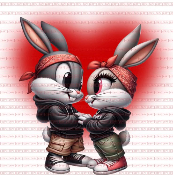 two rabbits are standing next to each other with their eyes closed and one is holding the other