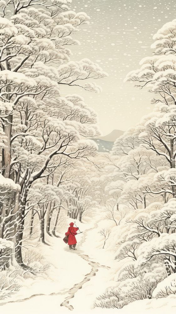 a painting of a person walking in the snow