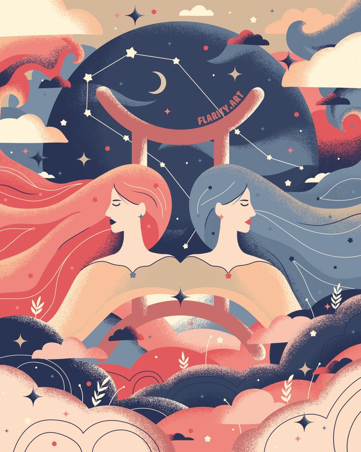 two women with long hair standing in front of the moon and stars above them are clouds