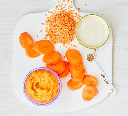 carrots and other foods on a white plate with a measuring spoon next to it