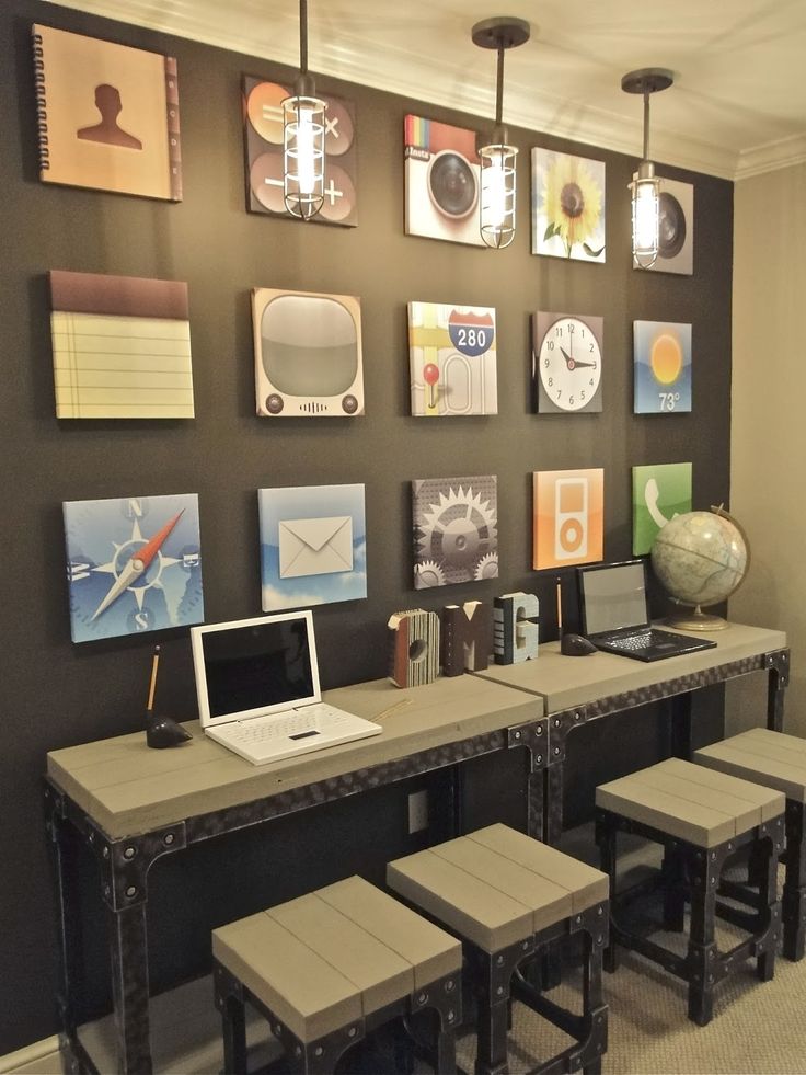 a room with several tables and stools in front of a wall full of clocks