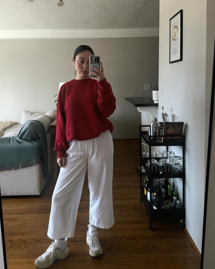 april outfits • • • • #dailyoutfitinspo #outfitideas #springoutfits #outfitoftheday #sustainablefashion #ootd April Outfits, Linen Pant, White Linen Pants, Sweater White, Red Sweater, Spring Outfits Women, Rainy Day Outfit, Airport Outfit, Casual Dinner Outfit