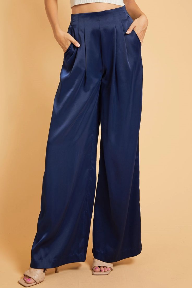 Blue Satin Pants Outfit, Blue Silk Wide Leg Pants, Blue Wide-leg Evening Bottoms, Chic High-waisted Satin Wide Leg Pants, Blue Satin Pants, Elegant Full-length Satin Wide Leg Pants, Blue Silk Wide-leg Bottoms, Satin Pants Outfit, Silky Pants