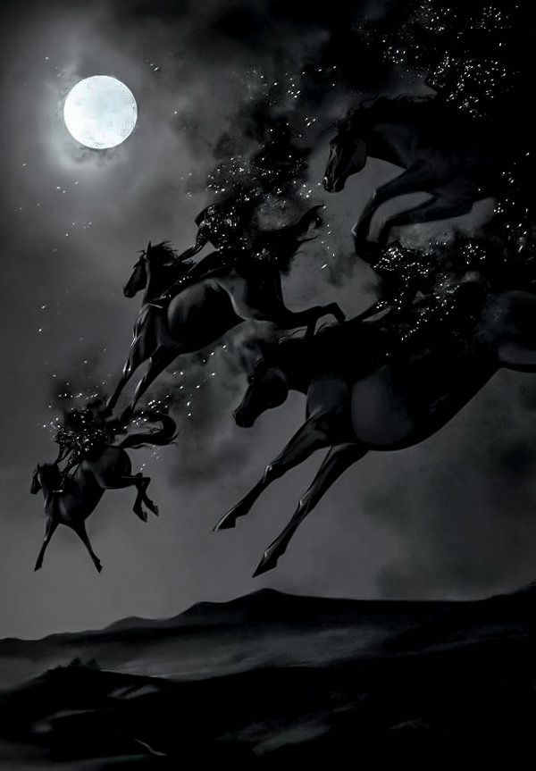 two horses are flying in the night sky