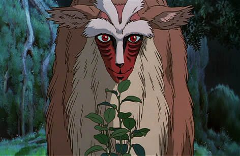 an animal with long hair and red eyes is standing in front of a tree branch