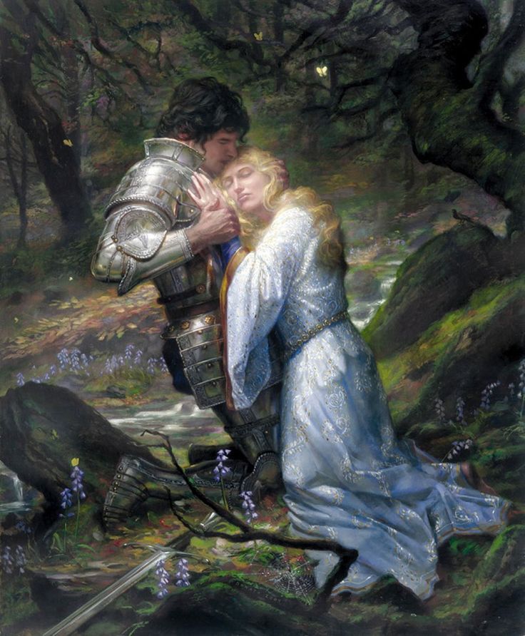 a painting of a man and woman hugging in the woods