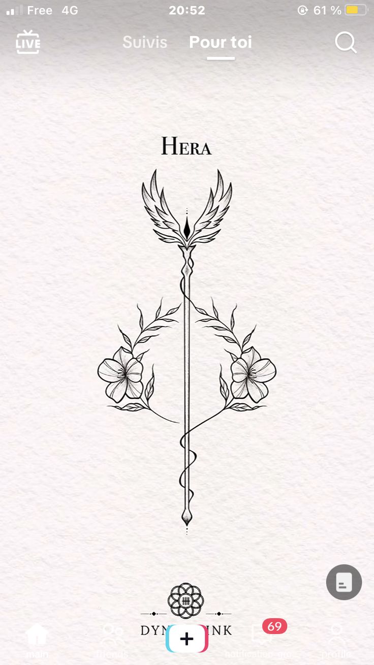 an iphone screen with the logo for hera and two flowers on it's side