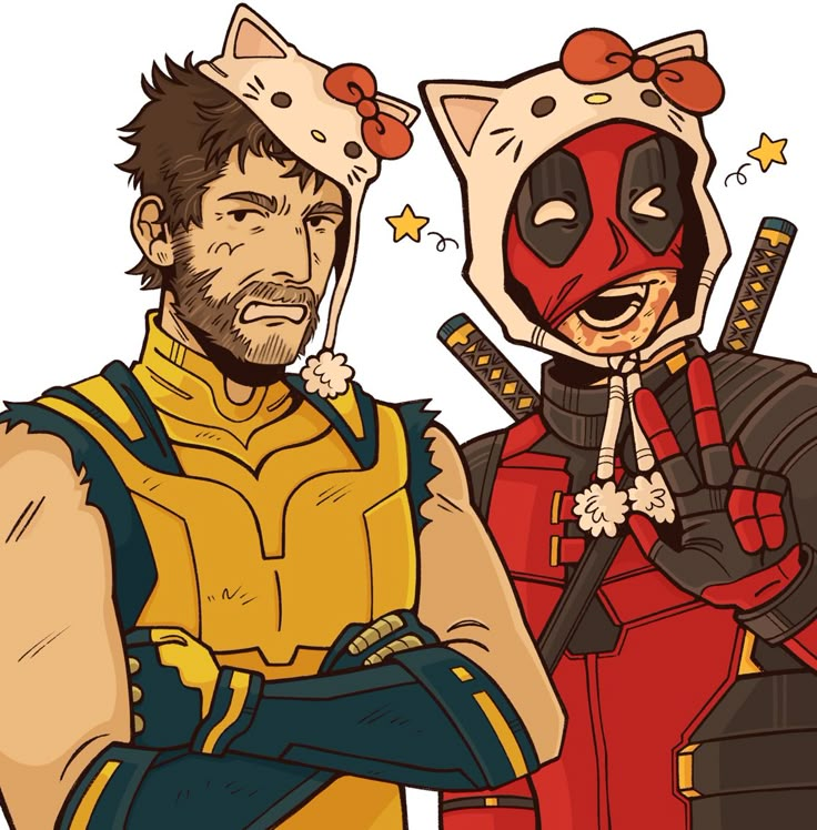 two cartoon characters are dressed as deadpools