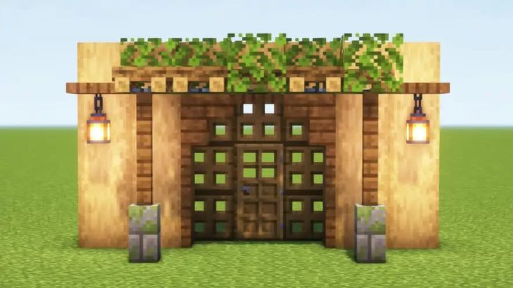 an image of a minecraft house with plants on the front door and lights above it