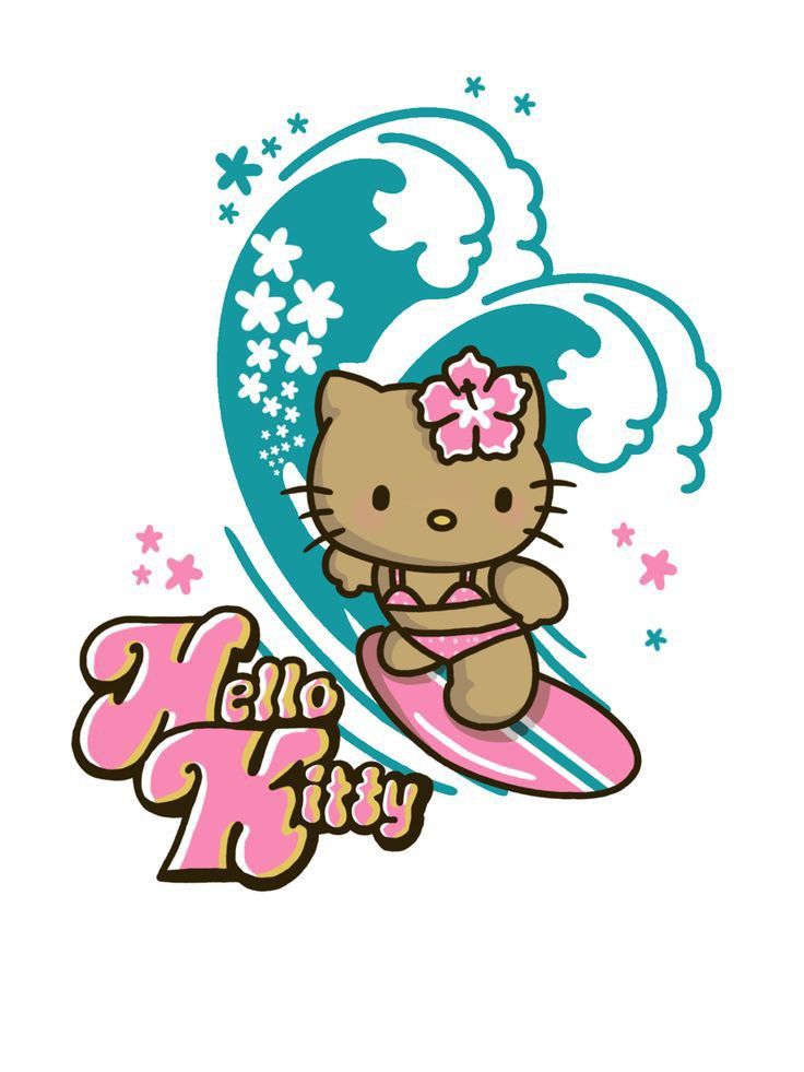 a hello kitty surfing on top of a pink surfboard with stars and clouds in the background