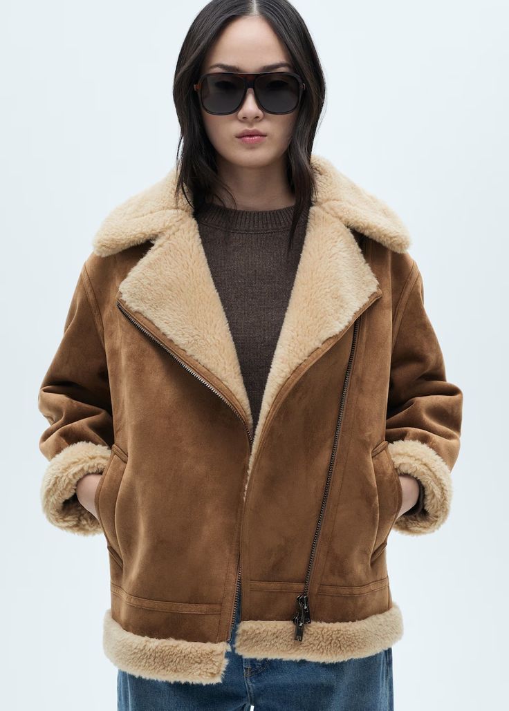 Faux leather. Heavy structure. Shearling-lined design. Biker design. Straight design. Lapel-collar. Faux shearling collar. Long sleeve. Zip fastening on the front section. Zipper pockets on both sides. Faux shearling interior. Faux shearling finish. Side length 14.57 in. Back length 27.17 in Shearling Moto Jacket, Biker Design, Faux Shearling Jacket, Cozy Jacket, Boucle Jacket, Smart Casual Outfit, Camel Coat, Fashion People, Line Jackets