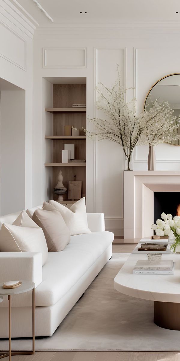 a living room filled with furniture and a fire place in the middle of a room