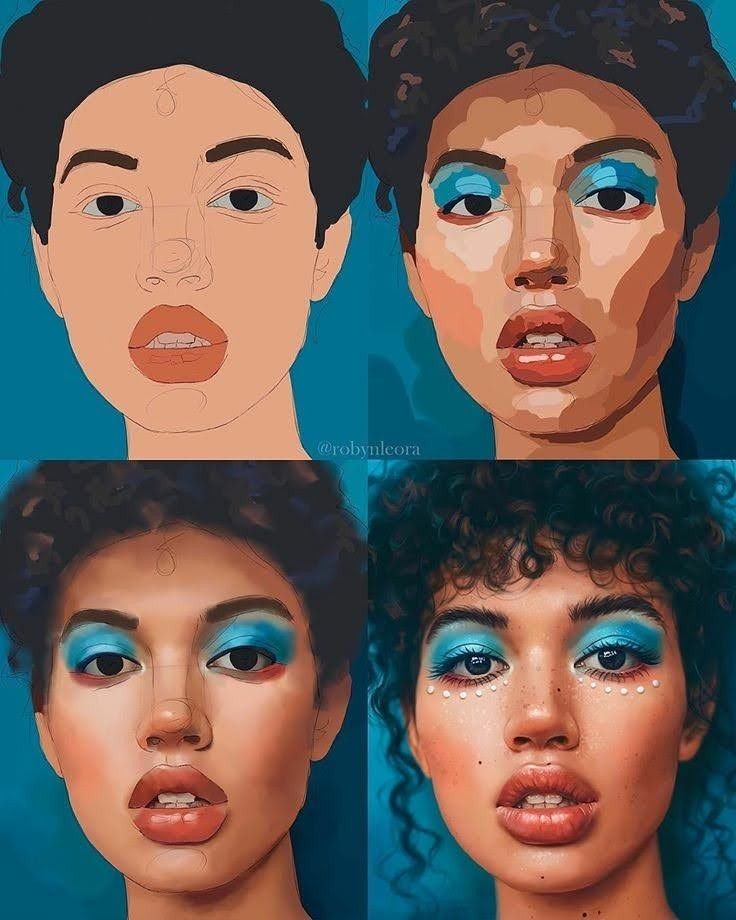 three different pictures of the same woman's face, one with blue eyes and one with